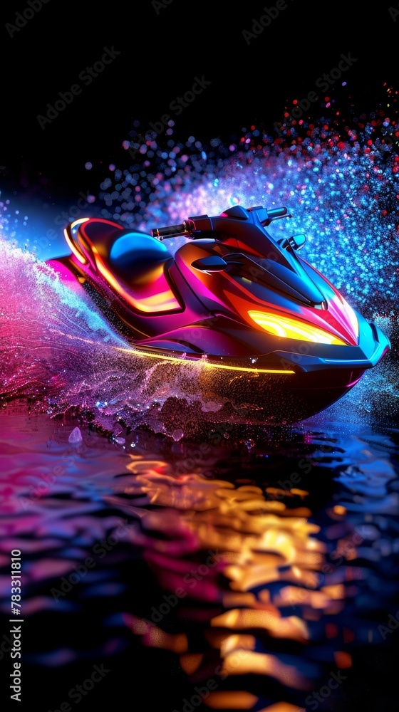 Poster jet skiing jet skis and water splashes in a neon color scheme 3d style isolated flying objects memph