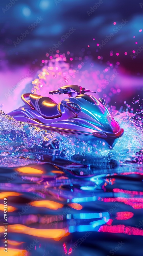 Poster jet skiing jet skis and water splashes in a neon color scheme 3d style isolated flying objects memph