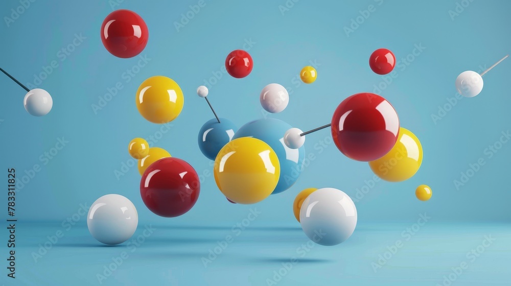 Poster juggling balls and pins floating 3d style isolated flying objects memphis style 3d render ai generat