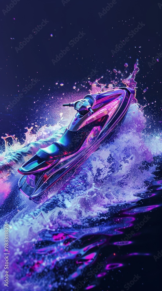 Poster jet skiing jet skis and water splashes in a neon color scheme 3d style isolated flying objects memph