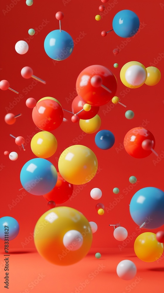 Poster juggling balls and pins floating 3d style isolated flying objects memphis style 3d render ai generat