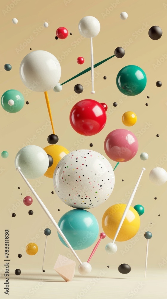 Poster juggling balls and pins floating 3d style isolated flying objects memphis style 3d render ai generat