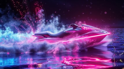 Jet skiing jet skis and water splashes in a neon color scheme 3D style isolated flying objects memphis style 3D render  AI generated illustration - obrazy, fototapety, plakaty