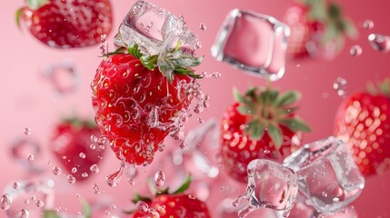 Fototapeta na wymiar Juicy strawberries hovering in mid-air with icy accents and a pink background AI generated illustration