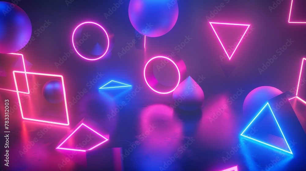 Poster luminous shapes soaring through a neon cosmos 3d style isolated flying objects memphis style 3d rend
