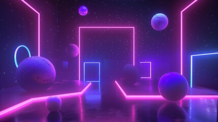 Luminous shapes hovering in a neon cosmos 3D style isolated flying objects memphis style 3D render AI generated illustration