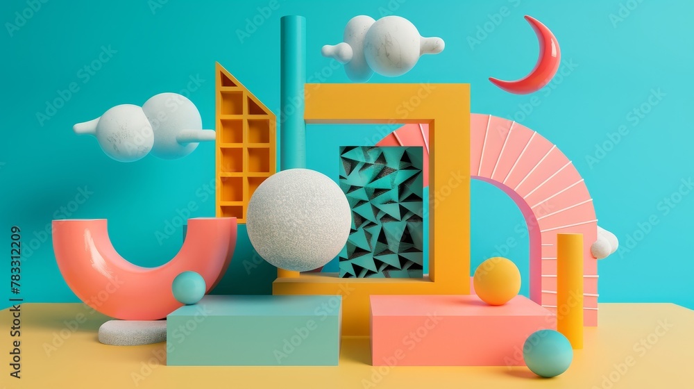 Poster memphis style discount promotion with abstract shapes 3d style isolated flying objects memphis style
