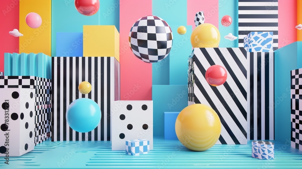 Poster memphis style sale background with geometric patterns 3d style isolated flying objects memphis style