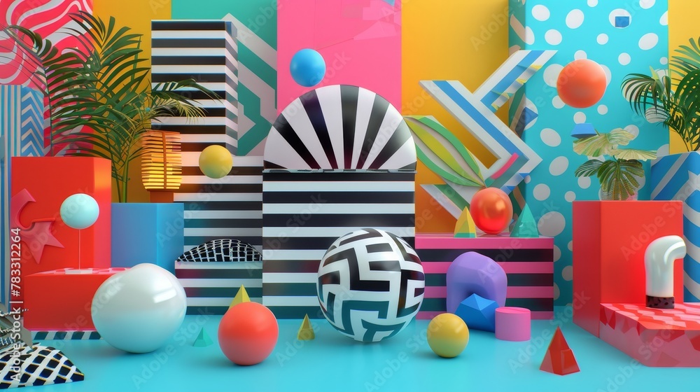 Poster Memphis-inspired 3D objects in a psychedelic setting 3D style isolated flying objects memphis style 3D render AI generated illustration