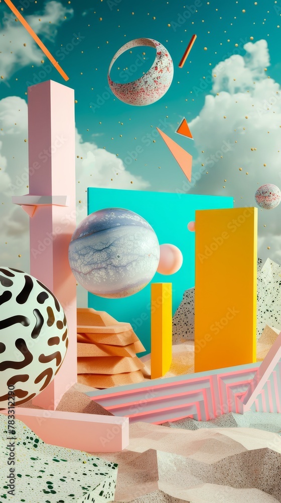 Aufkleber memphis-inspired 3d objects in a psychedelic setting 3d style isolated flying objects memphis style 