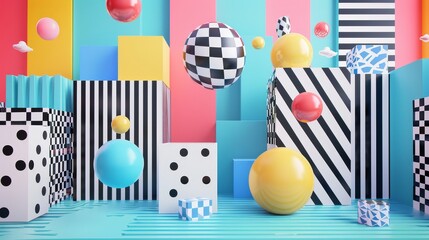Memphis style sale background with geometric patterns 3D style isolated flying objects memphis style 3D render AI generated illustration