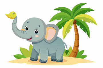 Baby elephant in the trunk of a banana next to a small palm tree