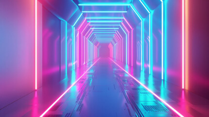 Vibrant high-tech futuristic neon-lit corridor background with abstract science fiction cyber glowing digital modern sci-fi perspective light design in colorful architecture interior tunnel illuminate