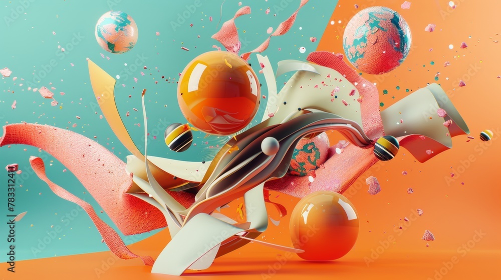 Poster mesmerizing 3d renderings of surreal flying elements 3d style isolated flying objects memphis style 