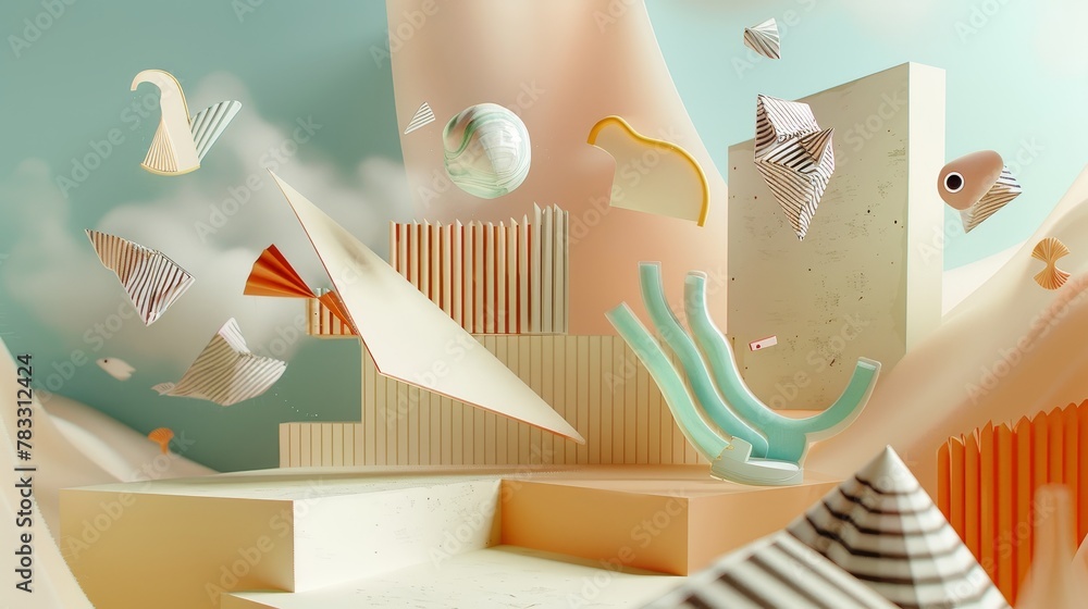Aufkleber Mesmerizing 3D renderings of surreal flying elements 3D style isolated flying objects memphis style 3D render AI generated illustration