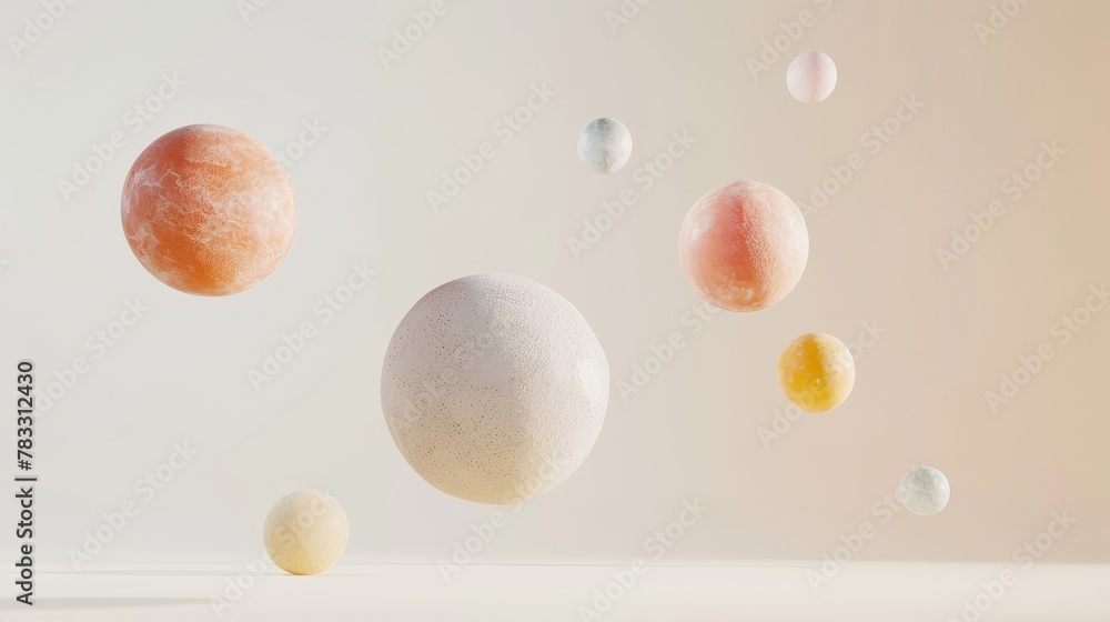 Poster Mesmerizing floating elements in flight against a minimalist background 3D style isolated flying objects memphis style 3D render AI generated illustration