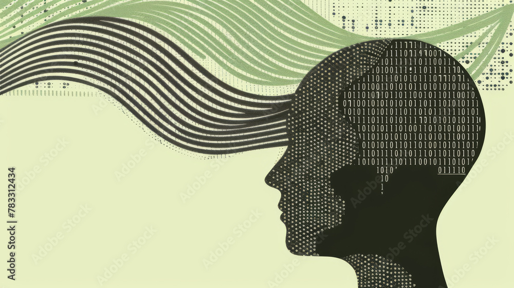 Aufkleber silhouette of a human head overlaid with binary code waves, symbolizing digital intelligence