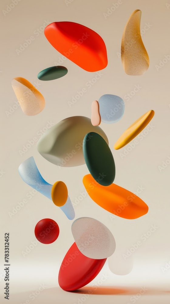 Poster Mesmerizing floating elements in flight against a minimalist background 3D style isolated flying objects memphis style 3D render AI generated illustration