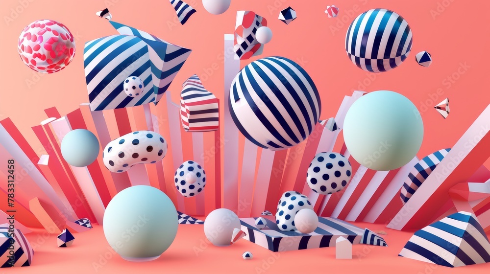 Poster mesmerizing geometric patterns in flight 3d style isolated flying objects memphis style 3d render ai