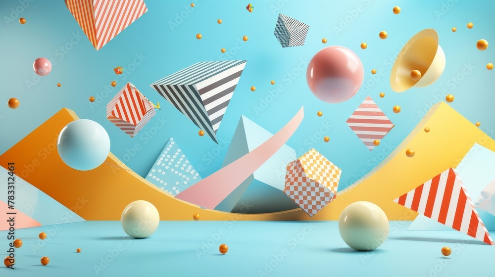 Poster mesmerizing geometric patterns in flight 3d style isolated flying objects memphis style 3d render ai