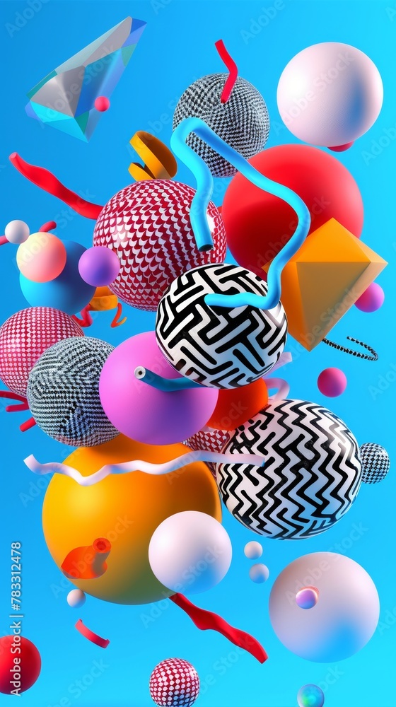 Poster mesmerizing geometric patterns in flight 3d style isolated flying objects memphis style 3d render ai