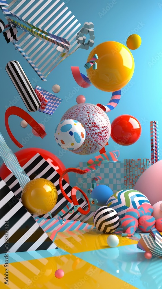 Poster mesmerizing geometric patterns in flight 3d style isolated flying objects memphis style 3d render ai