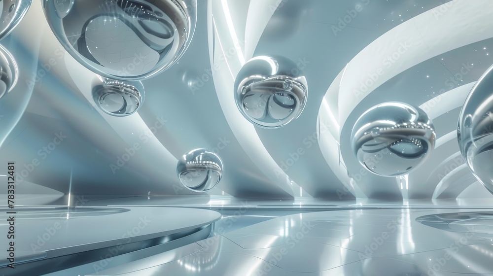 Poster metallic objects levitating in a futuristic setting ai generated illustration