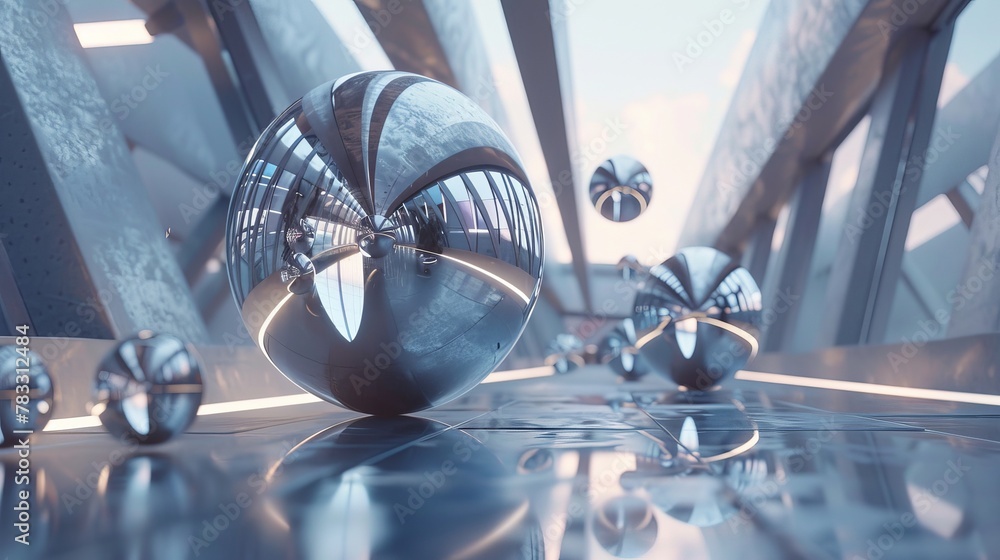 Poster metallic objects levitating in a futuristic setting ai generated illustration