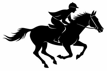 Jockey riding a running horse black silhouette  an white background