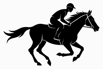 Fototapeta na wymiar Jockey riding a running horse black silhouette an white background
