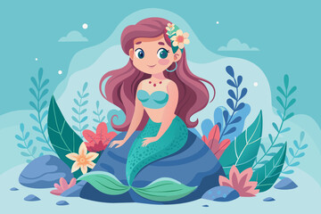 Obraz na płótnie Canvas Cute beautiful mermaid sitting smiling on a rock in a floral frame with waves on an abstract background