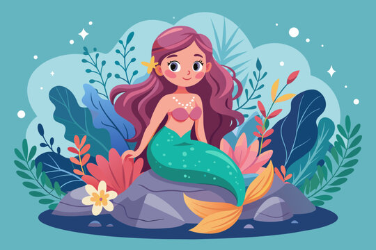 Cute beautiful mermaid sitting smiling on a rock in a floral frame with waves on an abstract background