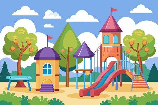 coloring page for kids, school playground full detail, clean  and white background, do not shading color