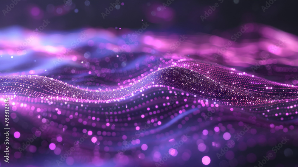 Poster abstract background of glowing digital particles forming sinuous waves, representing modern technolo