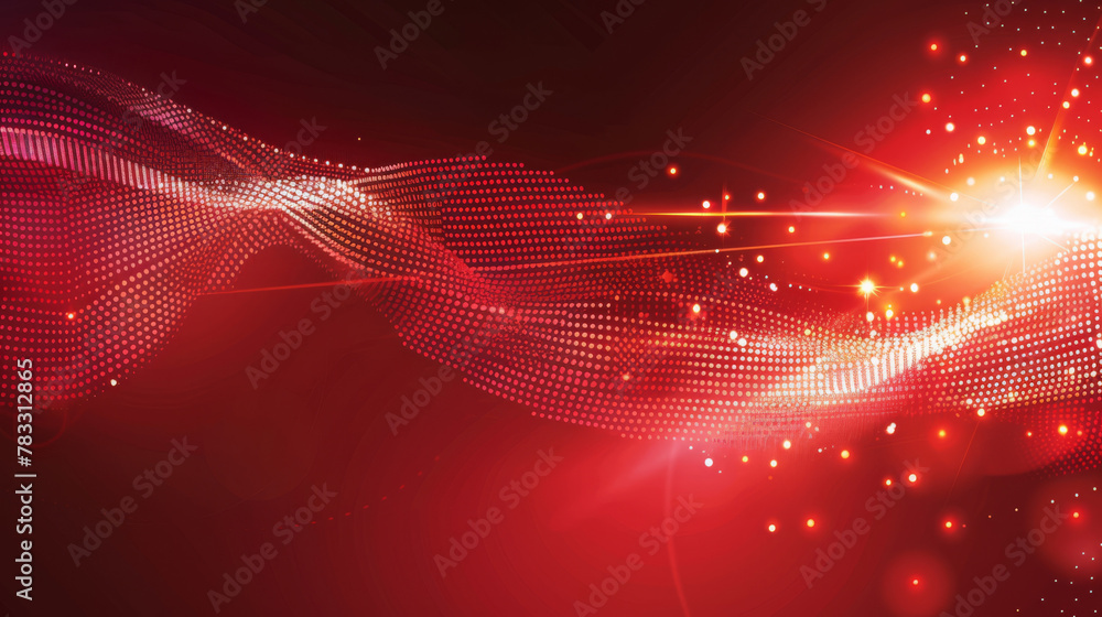 Poster digital red and gold wave with sparkling particles conveying advanced technology theme