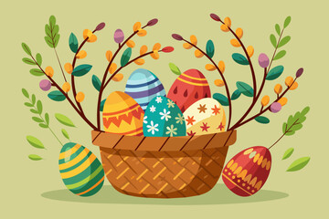 Basket with Easter eggs and willow
