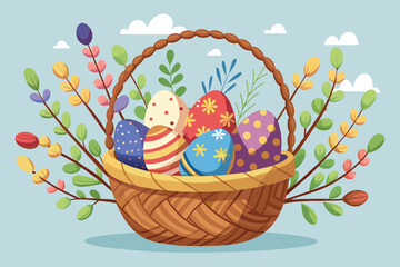Basket with Easter eggs and willow