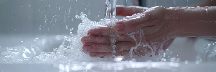 A person is using water and soap to wash their hands in a plumbing fixture, health care and personal hygiene, banner