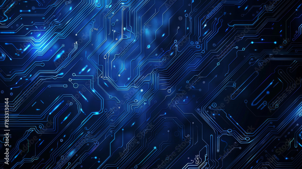 Poster Abstract futuristic circuit board network with glowing neon blue digital technology and complex integrated circuitry pattern for modern computer hardware and cyber connectivity background innovation