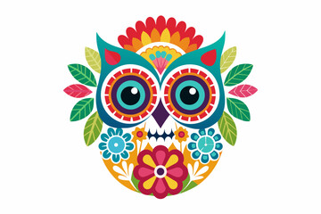 colorful cute Mexican owl dead skull with flowers, minimalist, UHD, Bold shapes, in the style of traditional Mexican folk art on white background