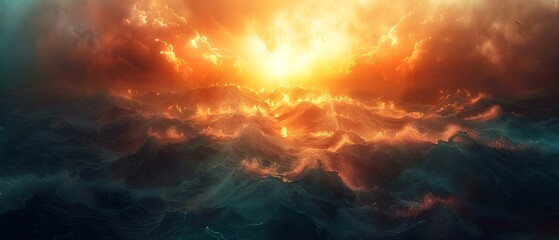 Rising Dawn of Judgement: Sea and Sky Afire. Concept Nature Photography, Dramatic Sunrise, Vibrant Skies, Coastal Landscapes, Artistic Interpretation