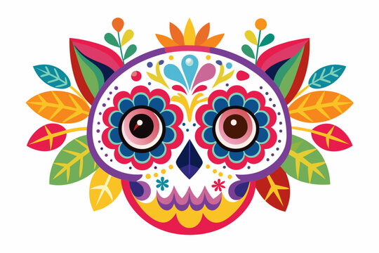 colorful cute Mexican owl dead skull with flowers, minimalist, UHD, Bold shapes, in the style of traditional Mexican folk art on white background