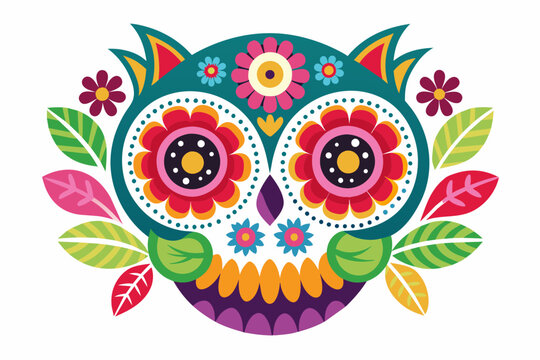 colorful cute Mexican owl dead skull with flowers, minimalist, UHD, Bold shapes, in the style of traditional Mexican folk art on white background