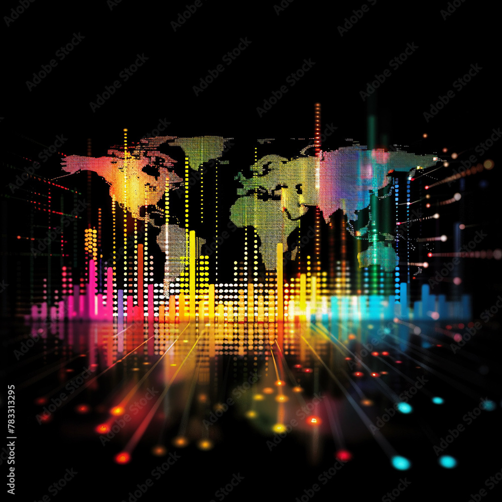 Poster background with a world map in bright colors. ai.
