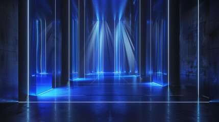 Futuristic technology-inspired blue neon corridor with abstract background lighting and modern sci-fi design