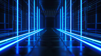 Abstract digital corridor with glowing blue neon lights and perspective lines
