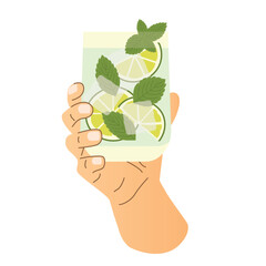hand holding glass with mojito summer cocktail adorned with fresh mint leaves and lime slices- vector illustration