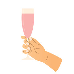 female's hand holding glass of champagne rose wine, celebration, wine tasting- vector illustration - 783313233