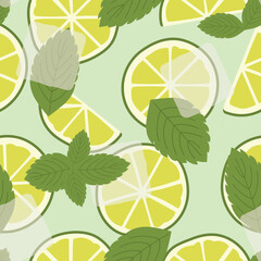mojito summer cocktail adorned with fresh mint leaves and lime slices seamless pattern; summer party background-vector illustration