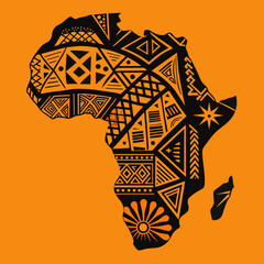 Continent Africa, abstract silhouette of african map with geometric ethnic pattern and tribal traditional ornament. Stylized map of africa featuring traditional patterns, wildlife, and landscapes